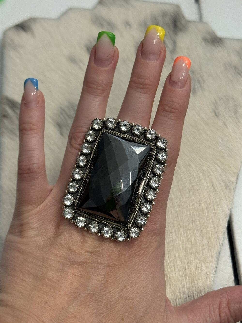Huge Sterling Silver Faceted Hematite & Multi-stone CZ Rectangle Ring 65G Gothic